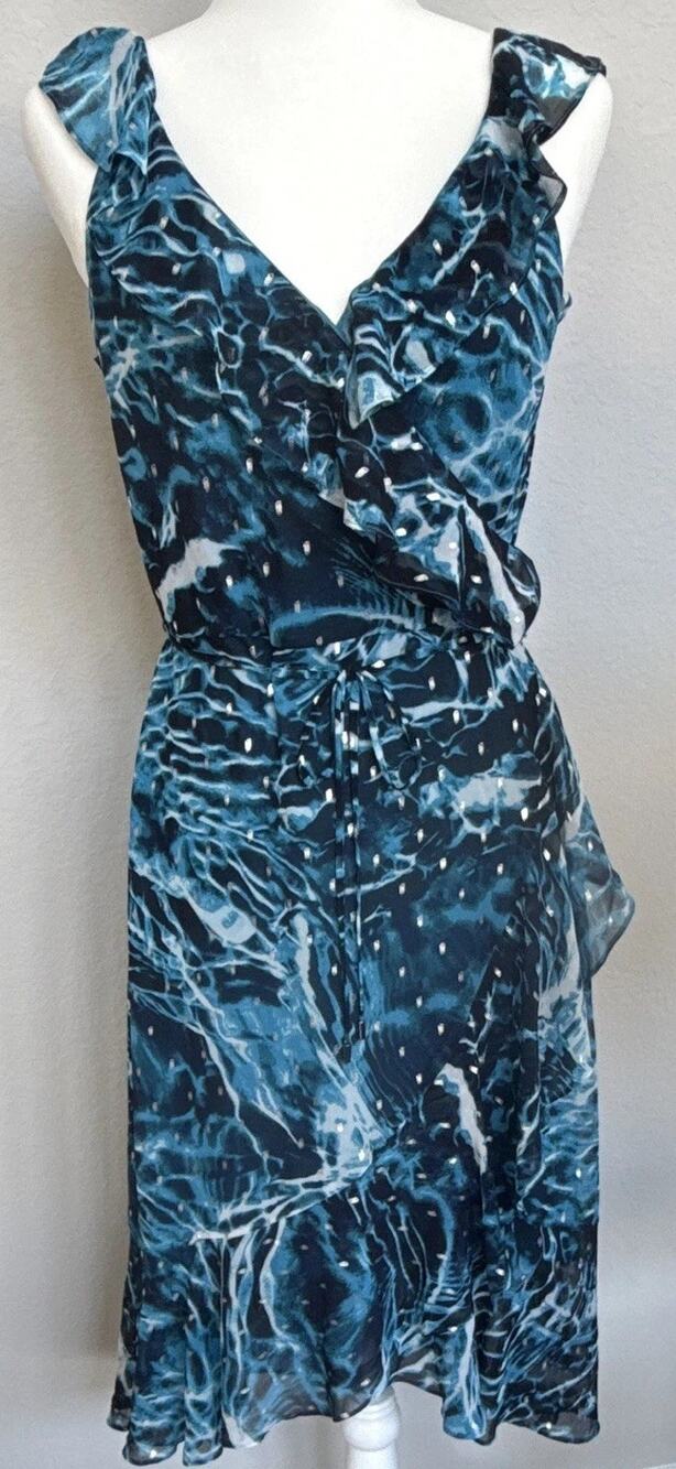 White House Black Market Blue Abstract Wrap Midi Dress V-Neck Ruffle 6